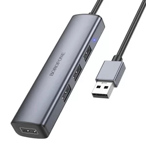 Adapter Borofone DH12 Smart 4-in-1 converter USB to USB2.0*4 (L=1.2M) [Metal-Gray]